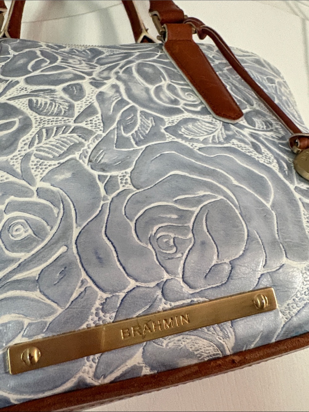 Brahmin Vivian Dome Satchel Blue Floral Embossed with Brown Trim - Picture 3 of 16